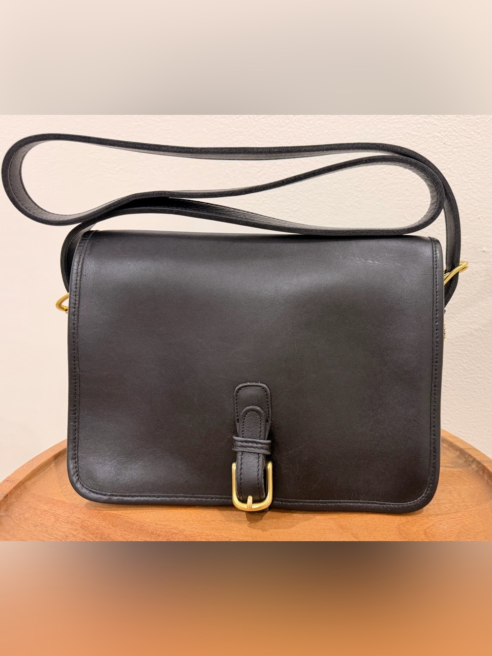 Vintage Coach NYC Black Leather Large Saddle Pouch Crossbody Bag #9585